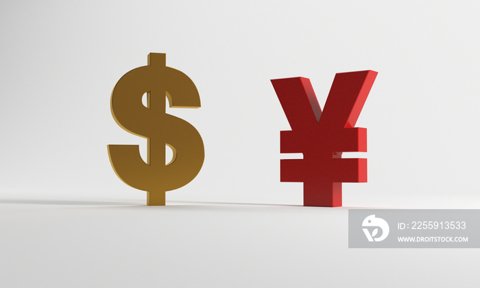 3D rendering of dollar sign and renminbi symbol on grey background，US-China trade war