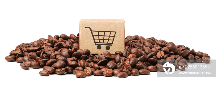 Box with shopping cart logo symbol on coffee beans  : Import Export Shopping online or eCommerce del