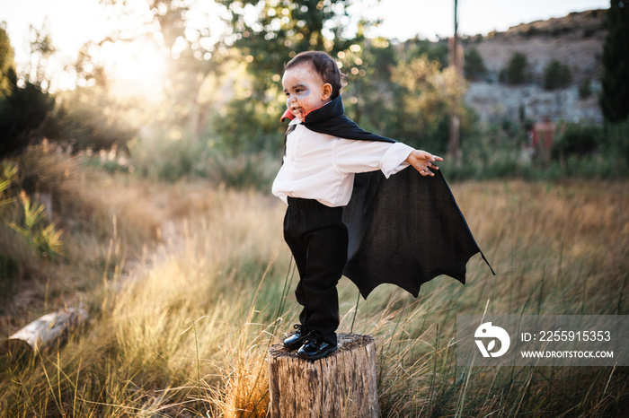 Kid smiling costumed of dracula to halloween on the forest