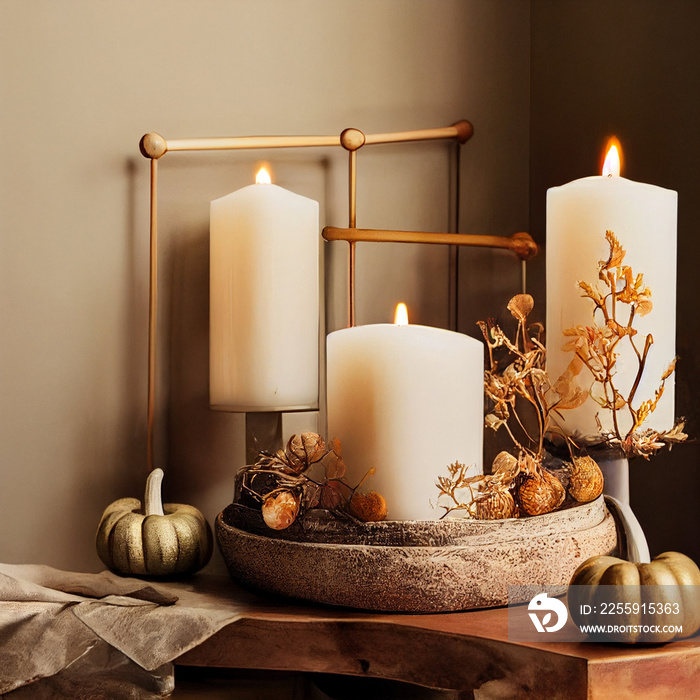 candles with pumpkins on a wooden background