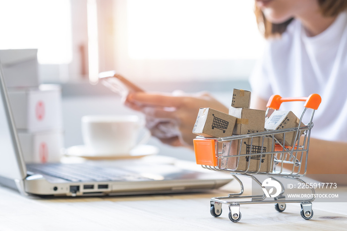 Shopping cart with Paper box or parcel with blur background woman holding mobile phone. Businesswoma