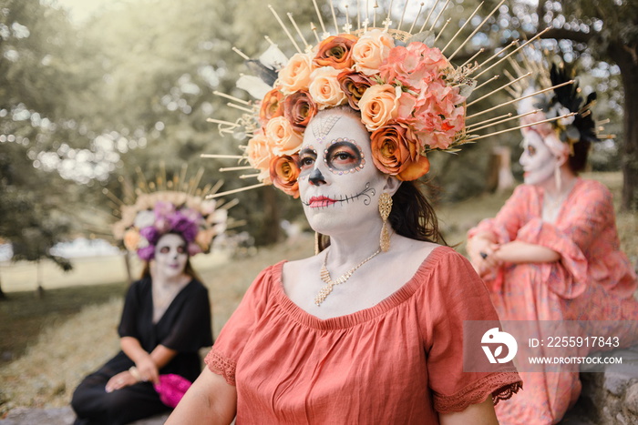 Catrinas outdoor portrait. Typical character of the Day of the Dead celebration in Mexico.