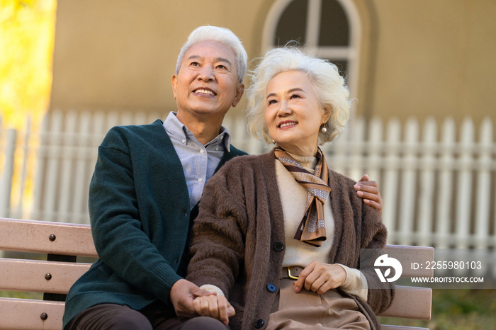 幸福的老年夫妇坐在长椅上