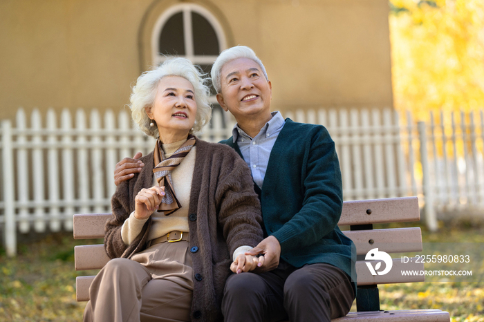 幸福的老年夫妇坐在长椅上