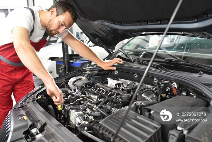 Car mechanic checks engine oil level in workshop // Kundendienst Autowerkstatt : Monteur kontrollier