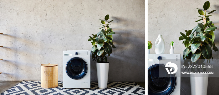 collage of washing machines near plants bottles and laundry basket in modern bathroom