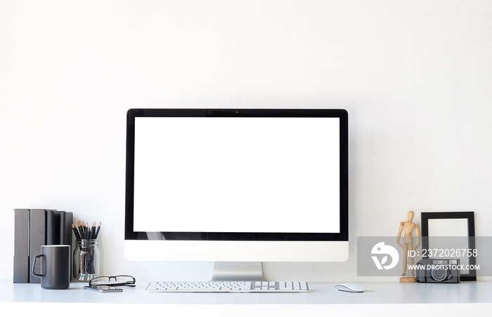 Workspace desk and laptop. copy space and blank screen. Business image, Blank screen laptop and supp