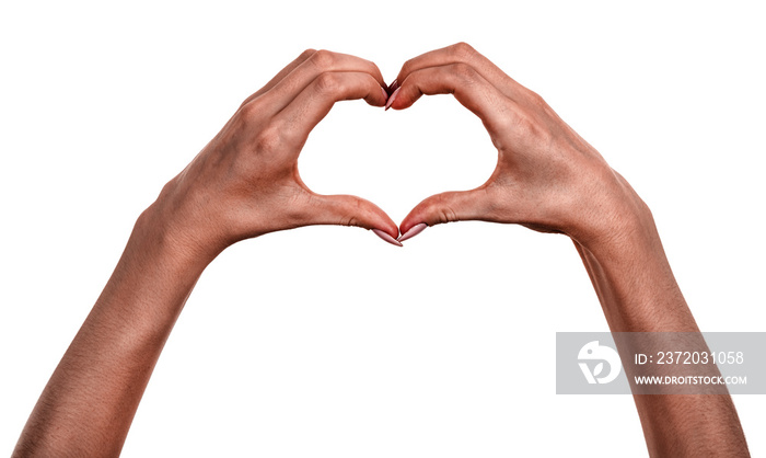 Female black hands  isolated white background showing  gesture heart, love. african woman hands show