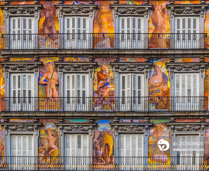 Detail of a decorated facade and balconies at the Palza Mayor, Madrid, Spain.