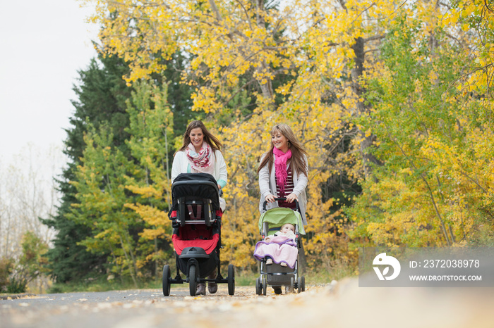 Mothers pushing babies in strollers on pathway