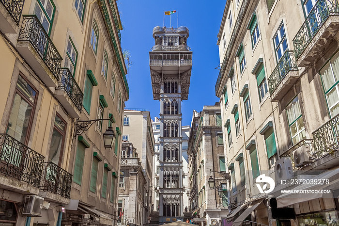 Lisbon, Portugal. Elevador de Santa Justa Lift seen from Santa Justa Street. 19th century. By Raul M