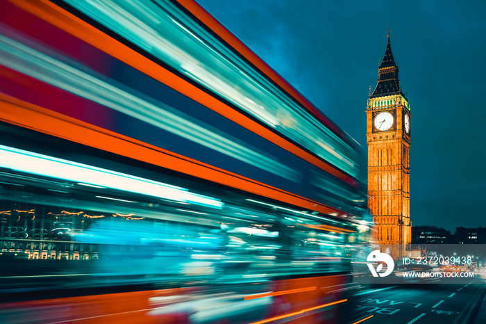 Big Ben and bus by night