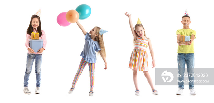 Little girl with Birthday gifts on white background