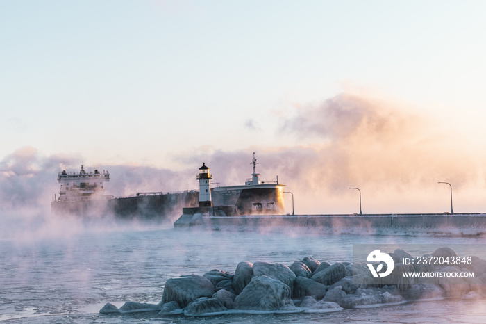 Ship in Duluth Minnesota Cold - Temp Sea Smoke MN