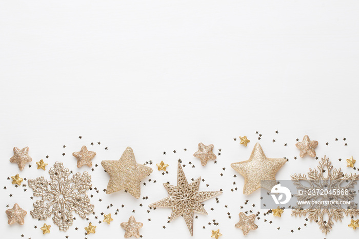 Christmas composition. Christmas decorations on white background. Flat lay, top view