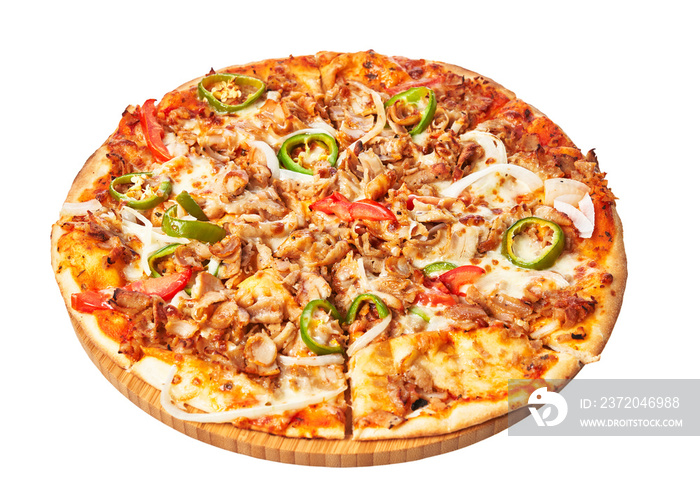 白色背景下的美味烤串意大利披萨