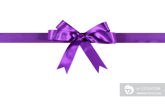 Purple gift ribbon and bow isolated on white background horizontal straight banner photo