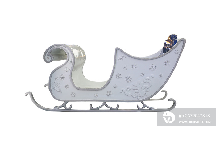 Luxury white sled isolated over white background. Christmas Santa sleigh.