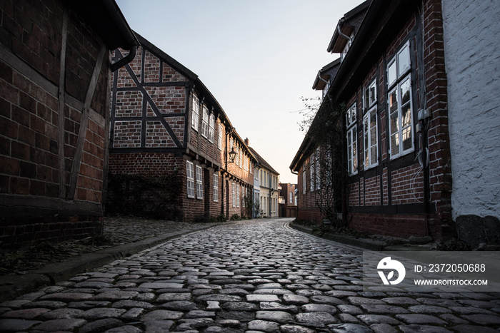 traditional timber framed buildings on both sides of cobblestone street in old town of Lüneburg, Ger