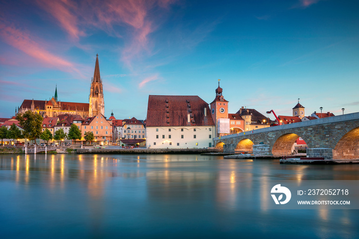 Regensburg, Germany. Cityscape image of Regensburg, Germany during twilight blue hour.