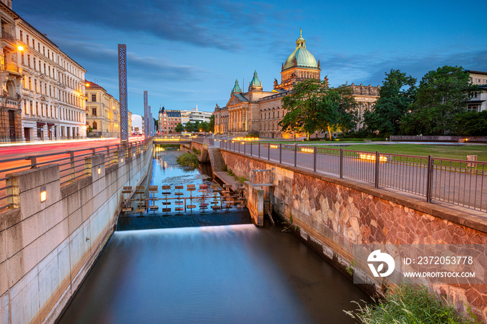 Leipzig, Germany. Cityscape image of Leipzig downtown during  twilight blue hour.