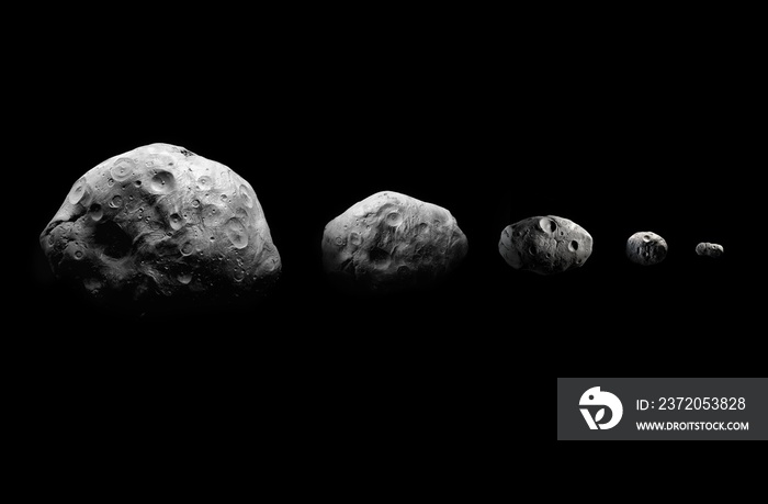黑色背景下大型小行星的比较。不同大小和形状的小行星。复合物