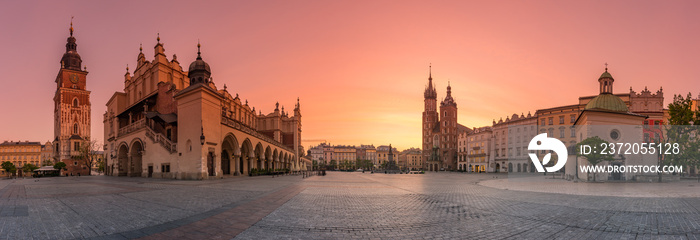 Main square (Rynek Glowny) panorama, colorful sunrise, Krakow, Poland