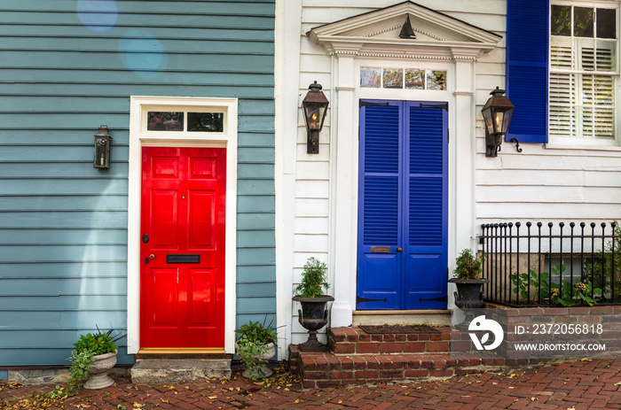 Traditional Red and Blue Wooden Front Doors in Alexandria, VA.