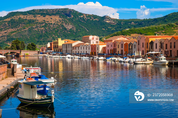 Bosa, Sardinia, Italy - Panoramic view of the old town quarter of Bosa by the Temo river embankment 