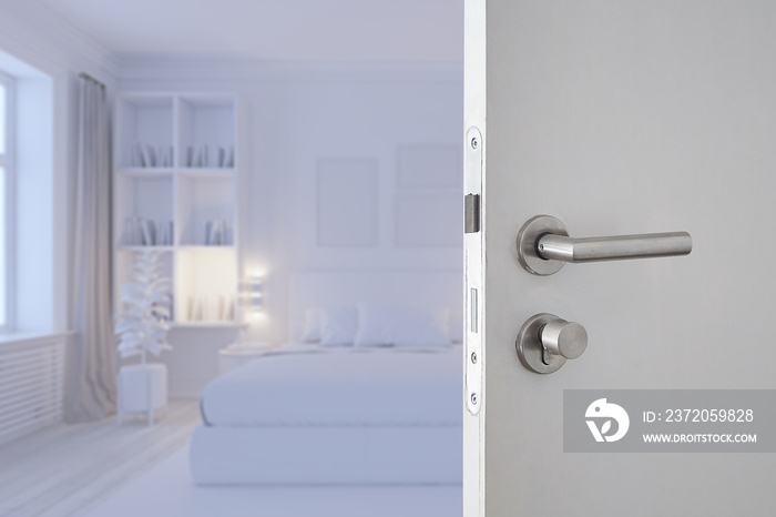 Door handle , door open in front of white blur bedroom luxury interior room background, selective fo