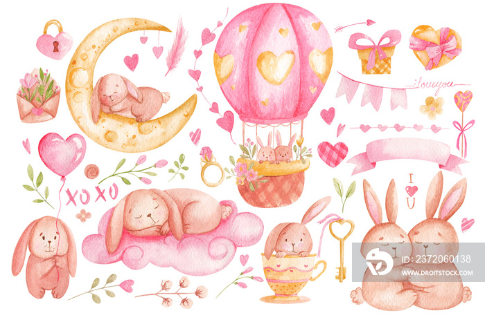 爱情中的可爱兔子和爱情的象征。手绘情人节水彩套装，隔离在wh上