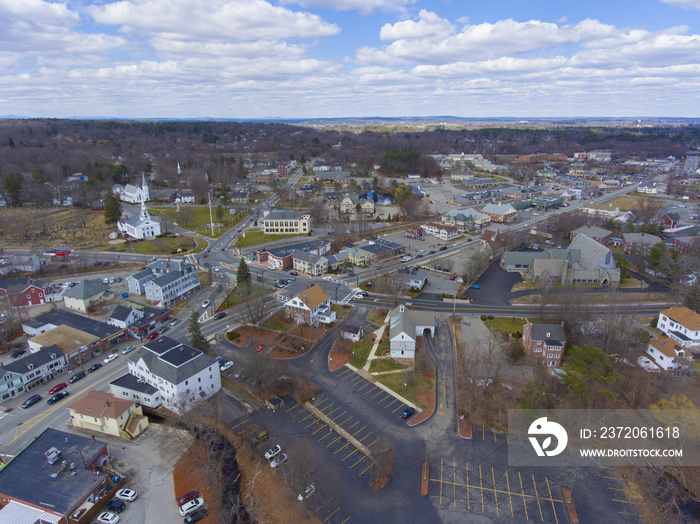 Chelmsford historic town center including the Town Common and Central Square aerial view in spring, 