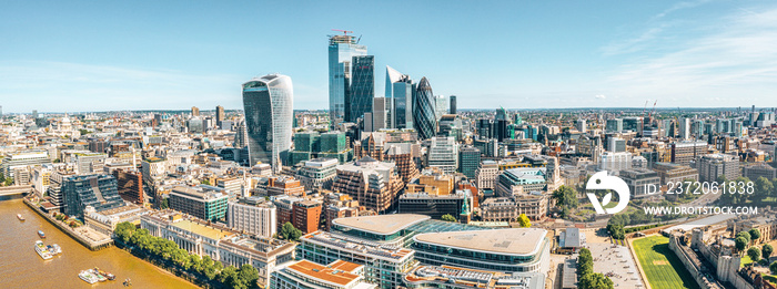 London rooftop aerial view at the morning light with urban architectures, modern skyscrapers like th