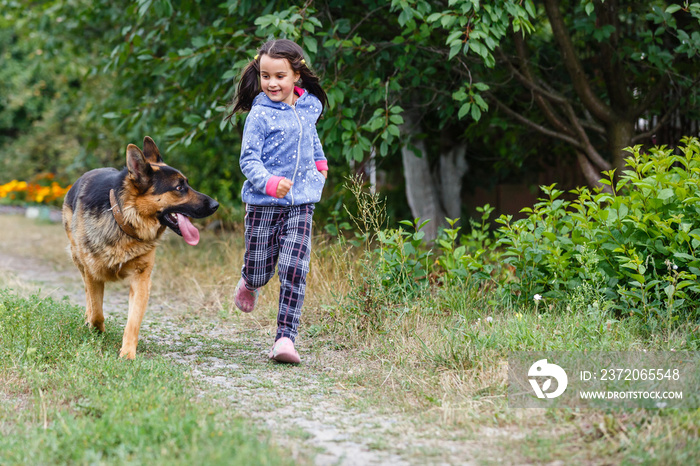 Pretty little girl, Gives a command to sit to german shepherd dog.