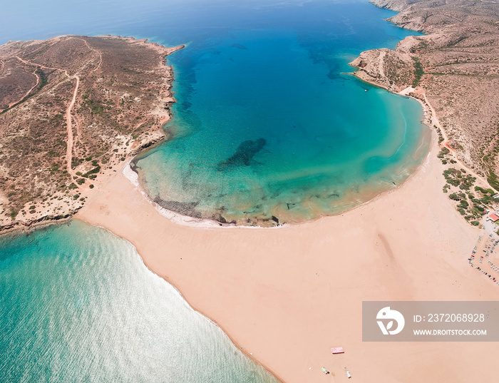 Aerial birds eye view drone photo Prasonisi on Rhodes island, Dodecanese, Greece. Panorama with nice