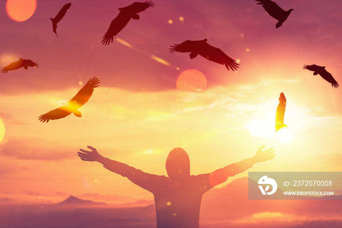 人在山顶和日落的天空上举起手，鹰鸟在抽象的背景下飞翔。
