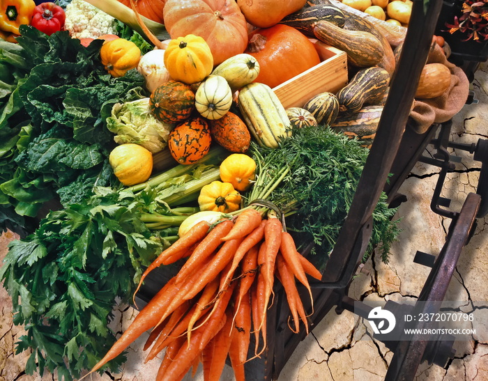 old wagon with various types of vegetables