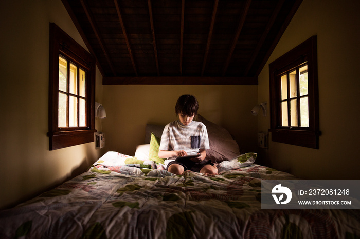 Boy using digital tablet at home