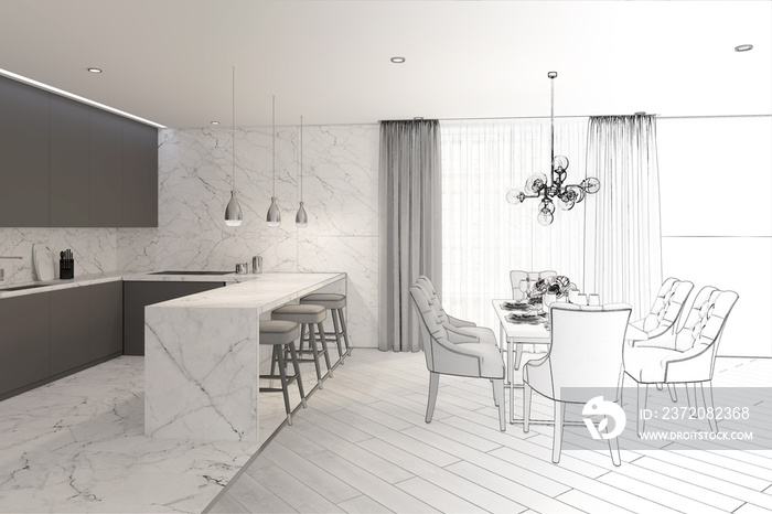 3d illustration. Sketch of modern dining room turns into a real interior