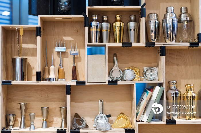 Barman equipment. Bartender tools in wooden boxes.