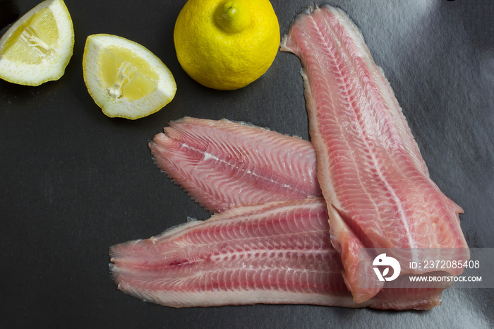 Fresh, unroasted African catfish fillet. Black background