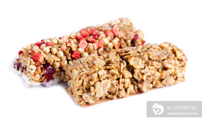 Isolated Muesli and Granola bar. Healthy, fitness, sweet dessert snack and fiber food. Cereal granol