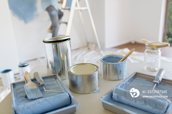 Blue paint cans paintbrushes and rollers in tray