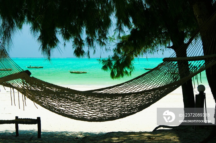 Isolated empty hammock between conifer trees, white sand and green turquoise ocean background - Paje