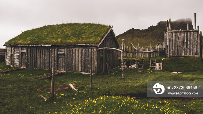 old viking village in iceland with foggy hill. old wooden buildings covered in grass