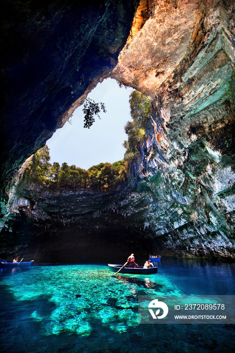 Boat ride in  cave-lake  of Melissani, in Kefalonia island, Ionian sea, Greece.