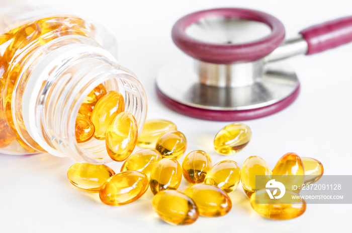 Cod liver oil omega 3 gel capsules.