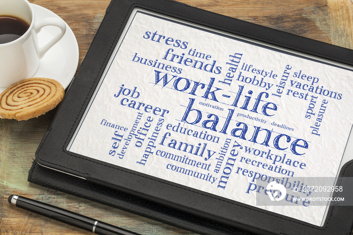 work life balance word cloud on tablet