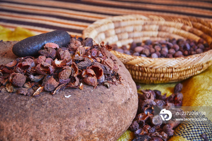 Cracked hard shells of raw argan seed nuts in Morocco Africa in the process of preparing healthy arg