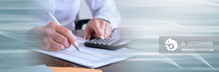 Woman doing her accounting. panoramic banner